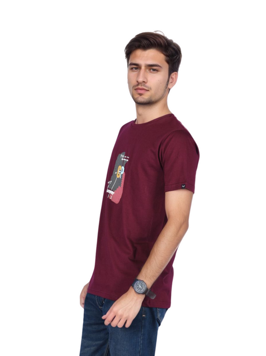 Zavrariq Men's Maroon Graphic Cotton T-Shirt | Casual Half Sleeve Round Neck Tee