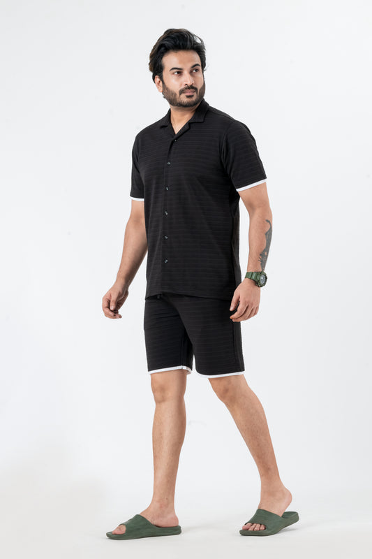 Zavrariq Men's Black Polyester Shirt & Shorts Co-ord Set White Piping | Casual Summer Wear