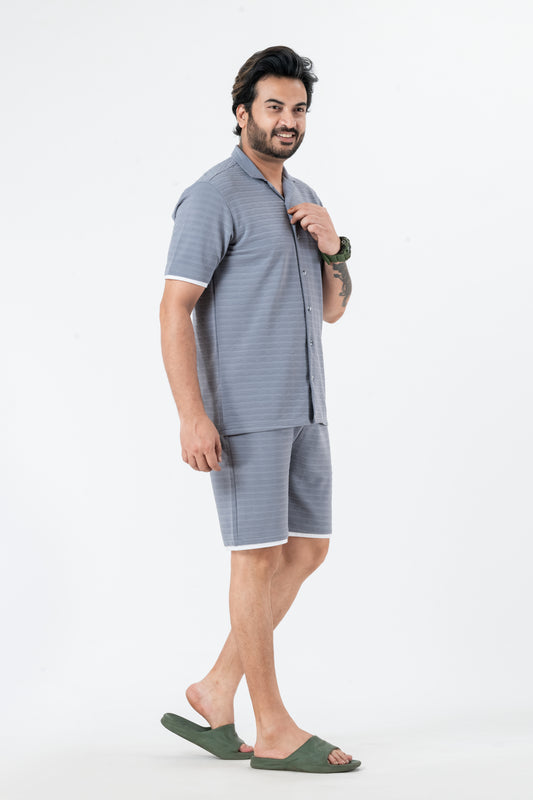 Zavrariq Men's Dgrey Regular Fit Collar Shirt & Shorts Co-ord Set White Piping | Half Sleeves Casual Wear