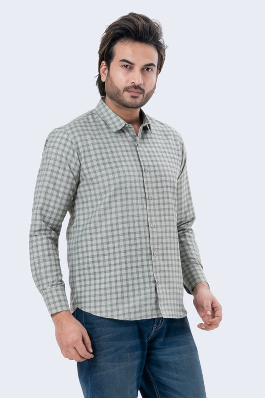 Men's Grey Checked Full Sleeve Casual Shirt | Regular Fit Cotton Blend | ZEVRARIQ
