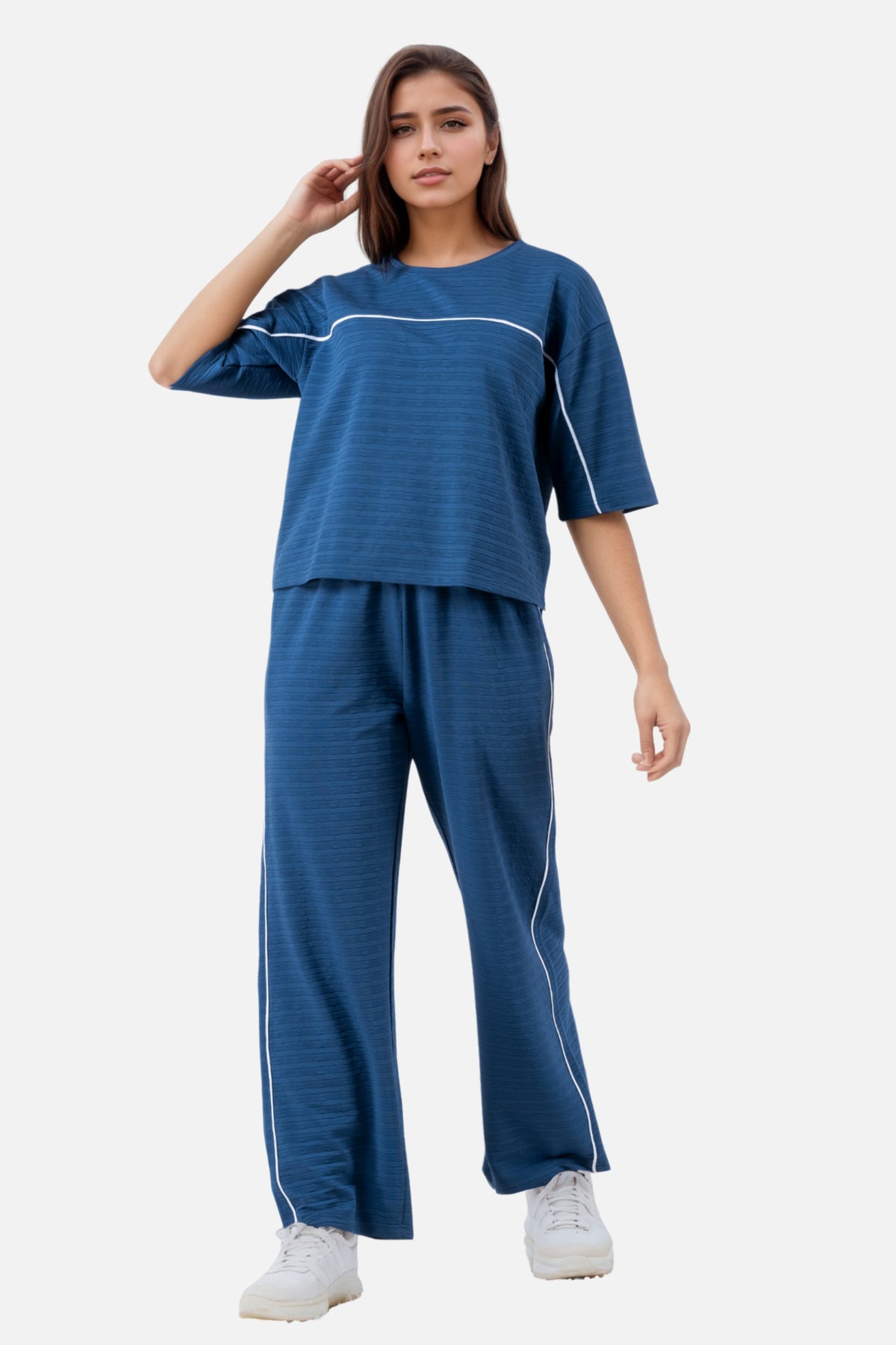 Zavrariq Women's Blue Round Neck Oversized Crop Top & Wide Leg Pants Co-ord Set