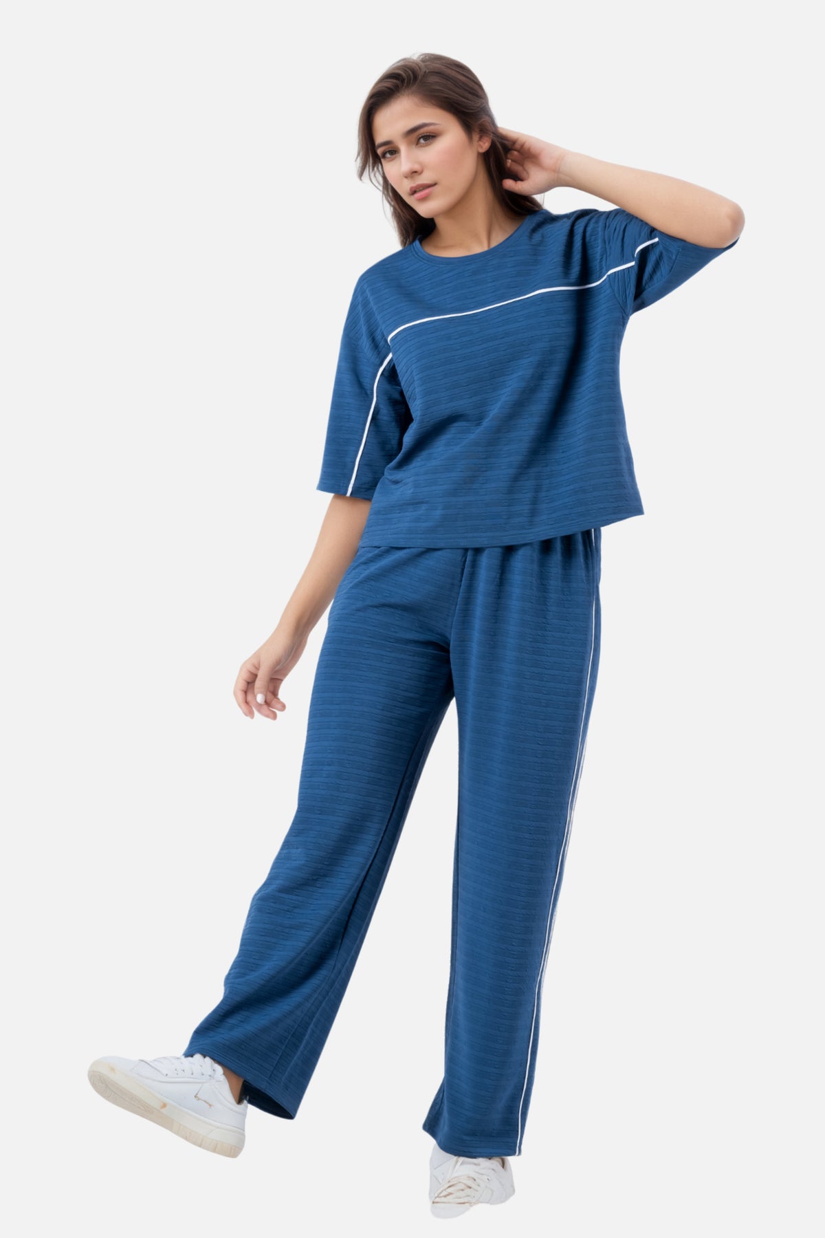 Zavrariq Women's Blue Round Neck Oversized Crop Top & Wide Leg Pants Co-ord Set