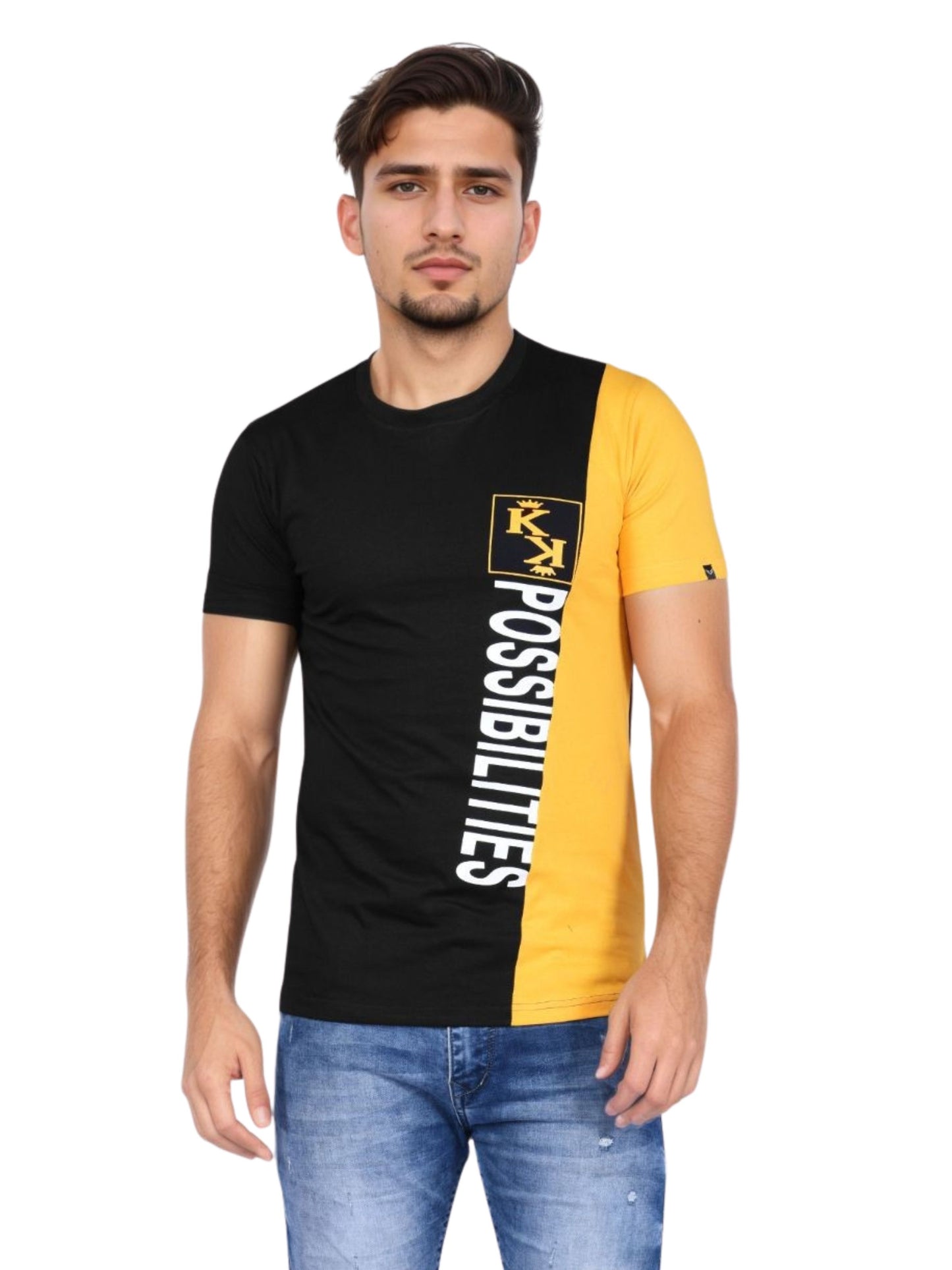 Zavrariq Men's Printed Half Sleeve Cotton T-Shirt - Black & Mustard