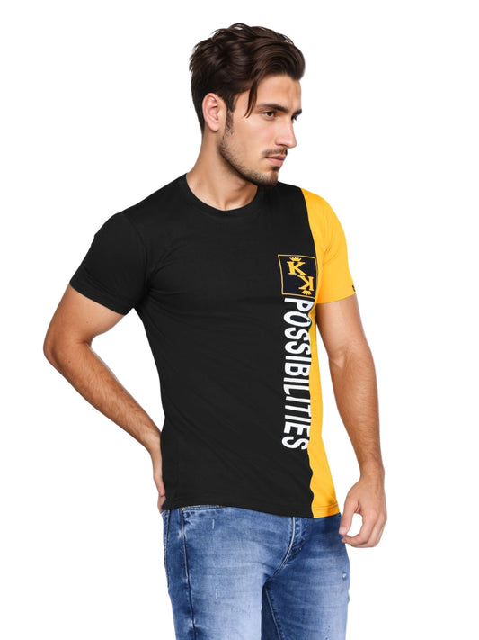Zavrariq Men's Printed Half Sleeve Cotton T-Shirt - Black & Mustard