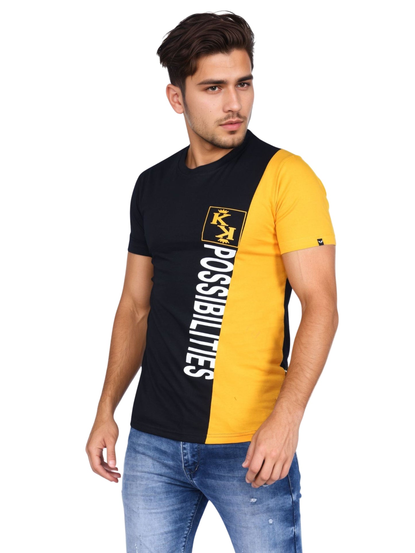 Zavrariq Men's Printed Half Sleeve Cotton T-Shirt - Black & Mustard