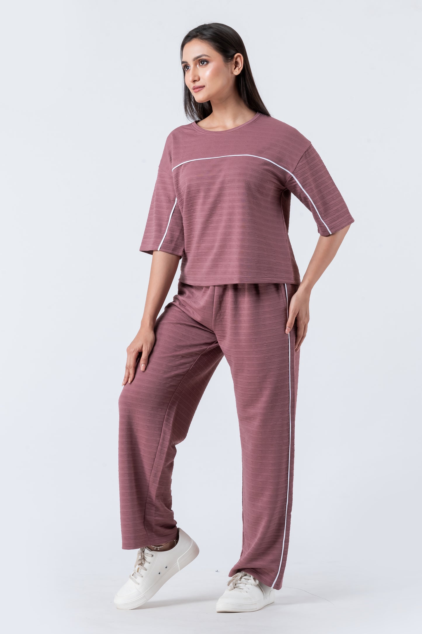 Zavrariq Women's Round Neck Oversized Crop Top & Wide Leg Pants Co-ord Set | Casual Lounge Wear