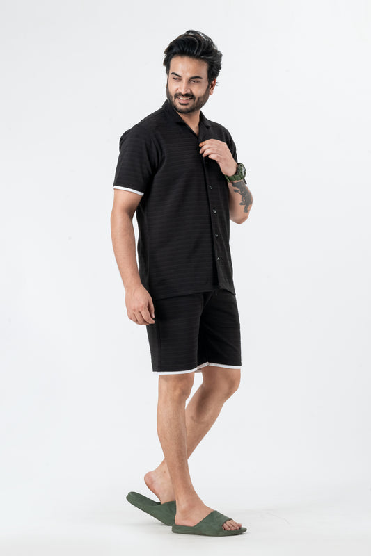 Zavrariq Men's Black Polyester Shirt & Shorts Co-ord Set White Piping | Casual Summer Wear