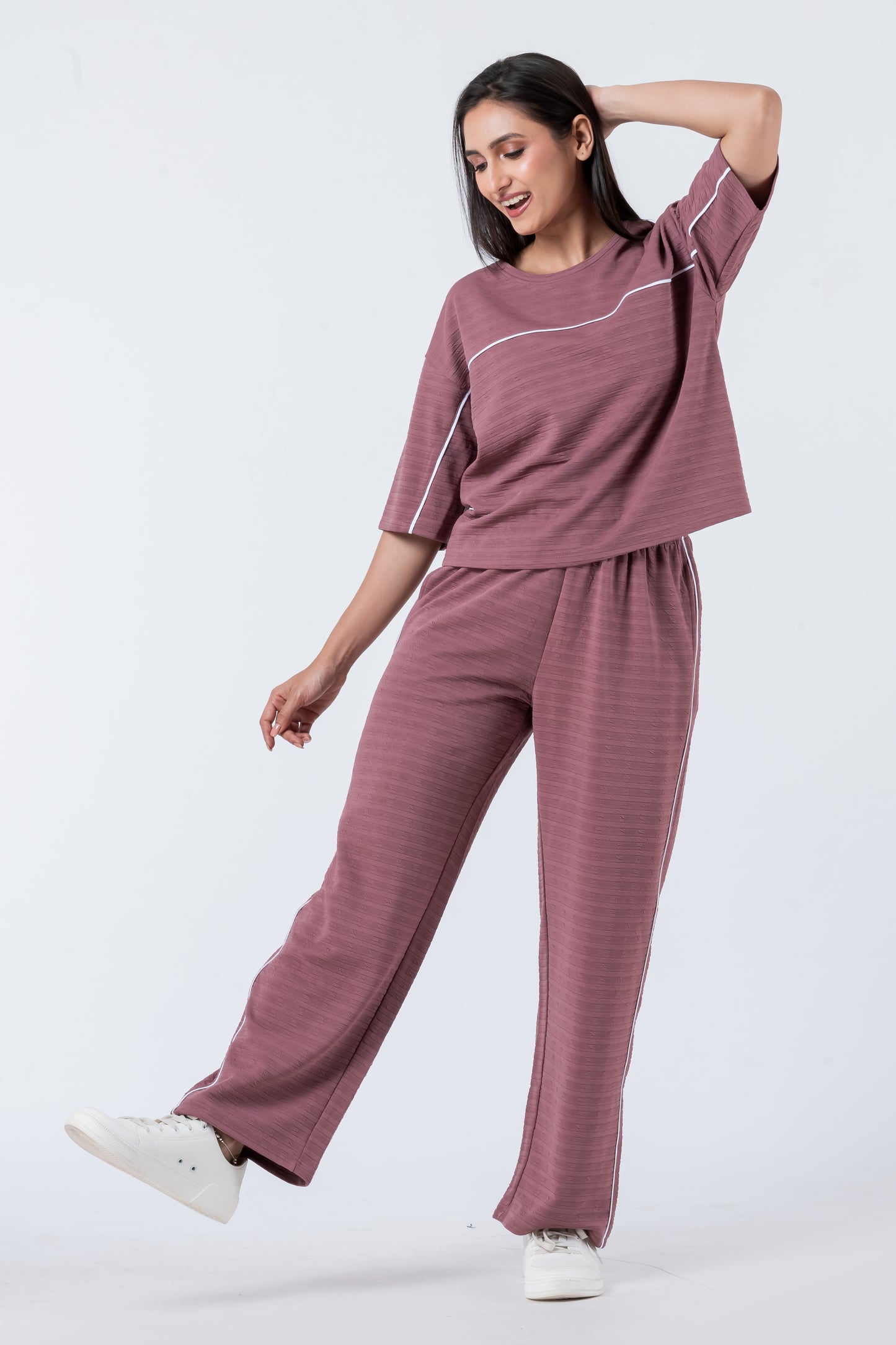Zavrariq Women's Round Neck Oversized Crop Top & Wide Leg Pants Co-ord Set | Casual Lounge Wear