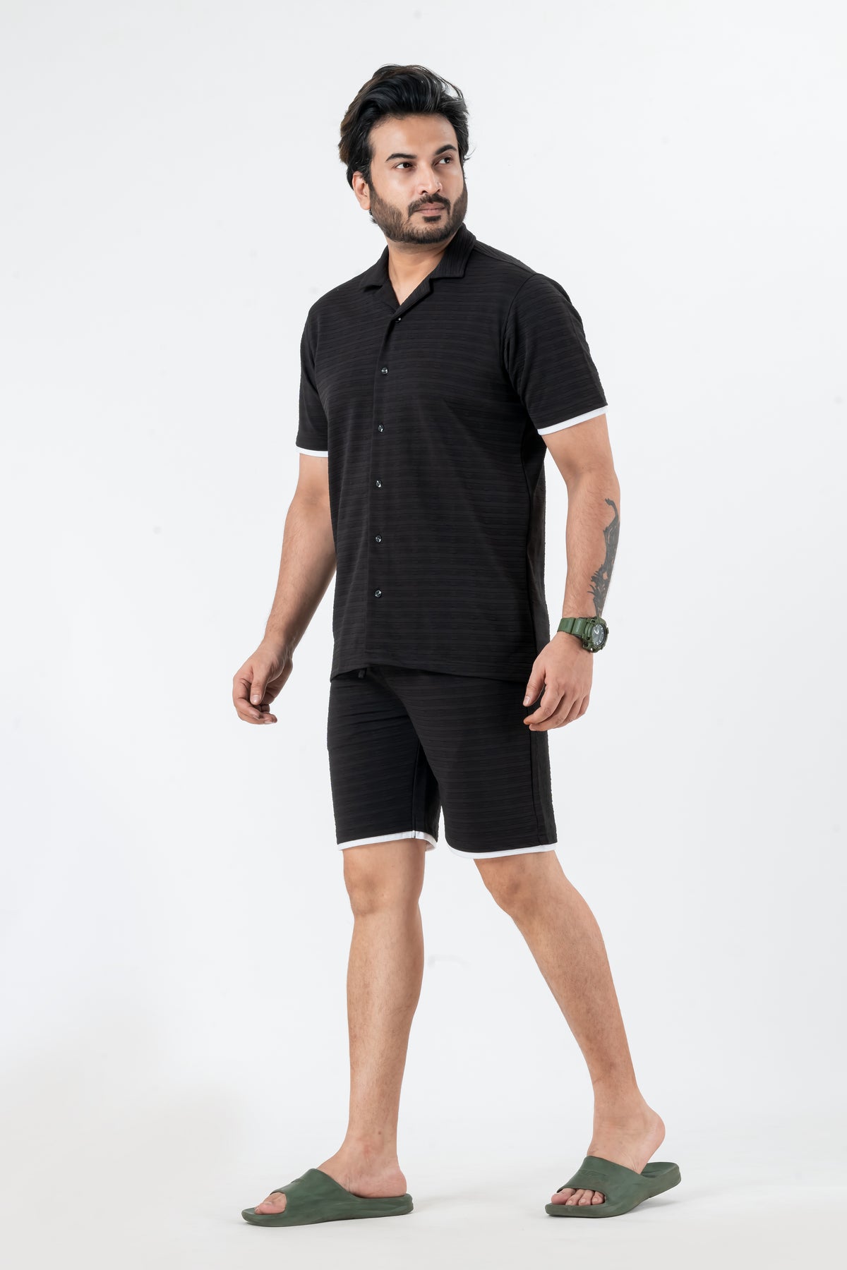 Zavrariq Men's Black Polyester Shirt & Shorts Co-ord Set White Piping | Casual Summer Wear
