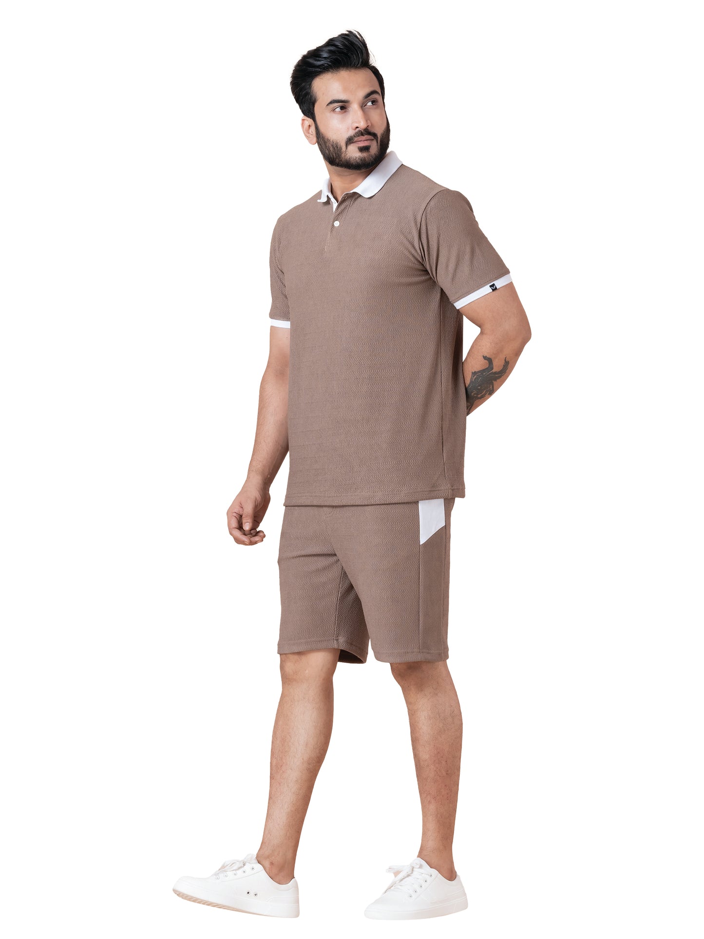 Zavrariq Men's Premium Polo T-Shirt & Shorts Co-Ord Set – Brown