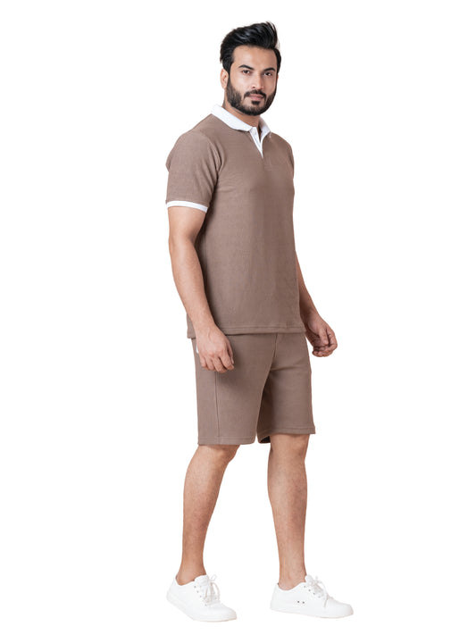 Zavrariq Men's Premium Polo T-Shirt & Shorts Co-Ord Set – Brown