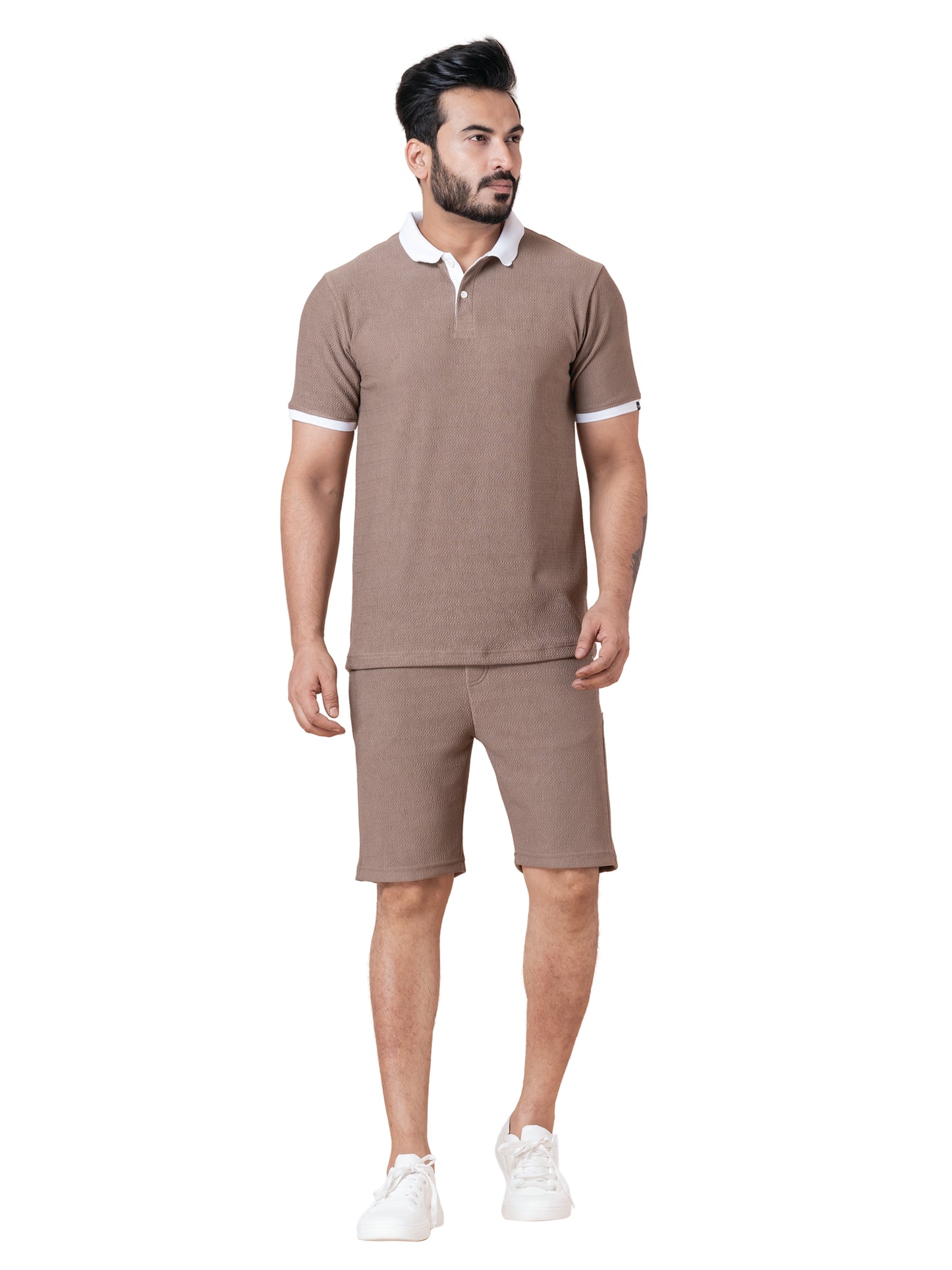 Zavrariq Men's Premium Polo T-Shirt & Shorts Co-Ord Set – Brown