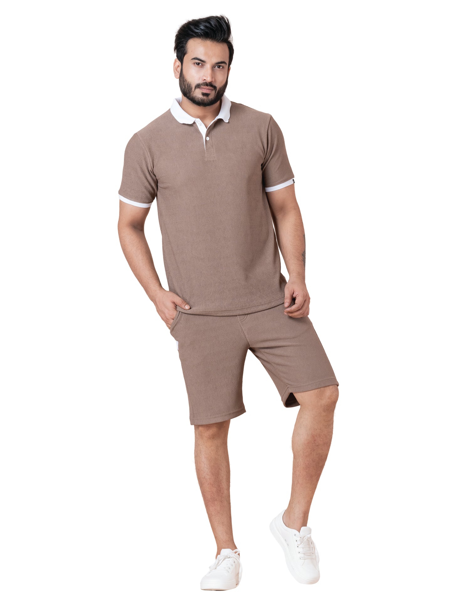 Zavrariq Men's Premium Polo T-Shirt & Shorts Co-Ord Set – Brown