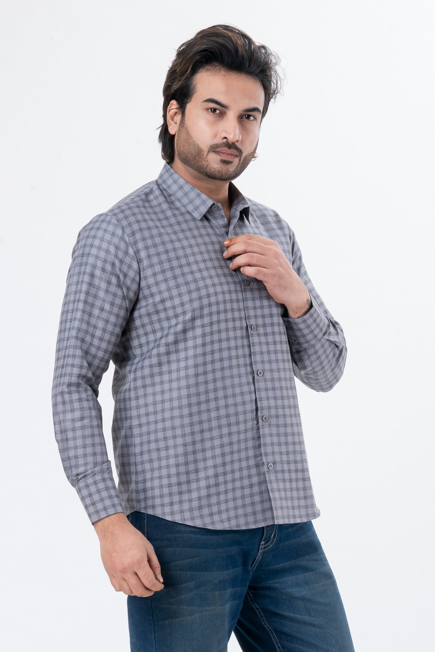 Men's Charcoal Checked Full Sleeve Casual Shirt | Regular Fit Cotton Blend | ZEVRARIQ