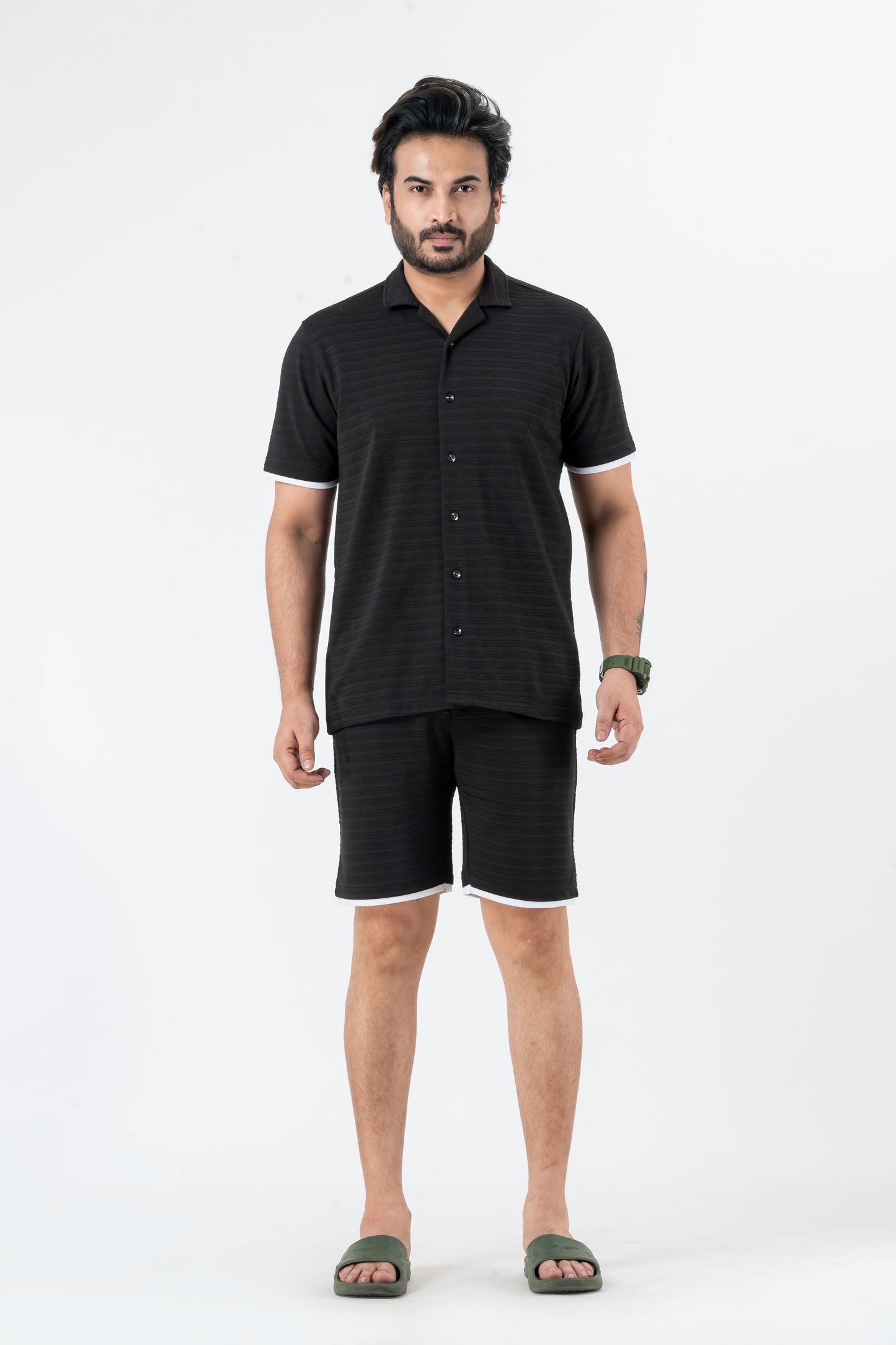 Zavrariq Men's Black Polyester Shirt & Shorts Co-ord Set White Piping | Casual Summer Wear