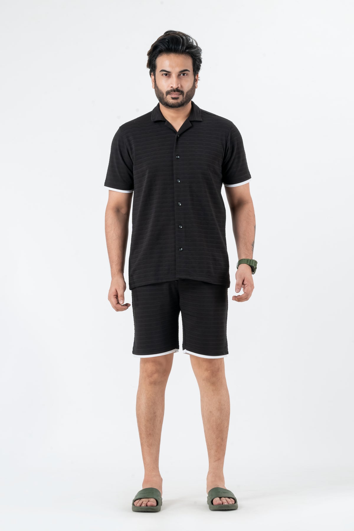 Zavrariq Men's Black Polyester Shirt & Shorts Co-ord Set White Piping | Casual Summer Wear