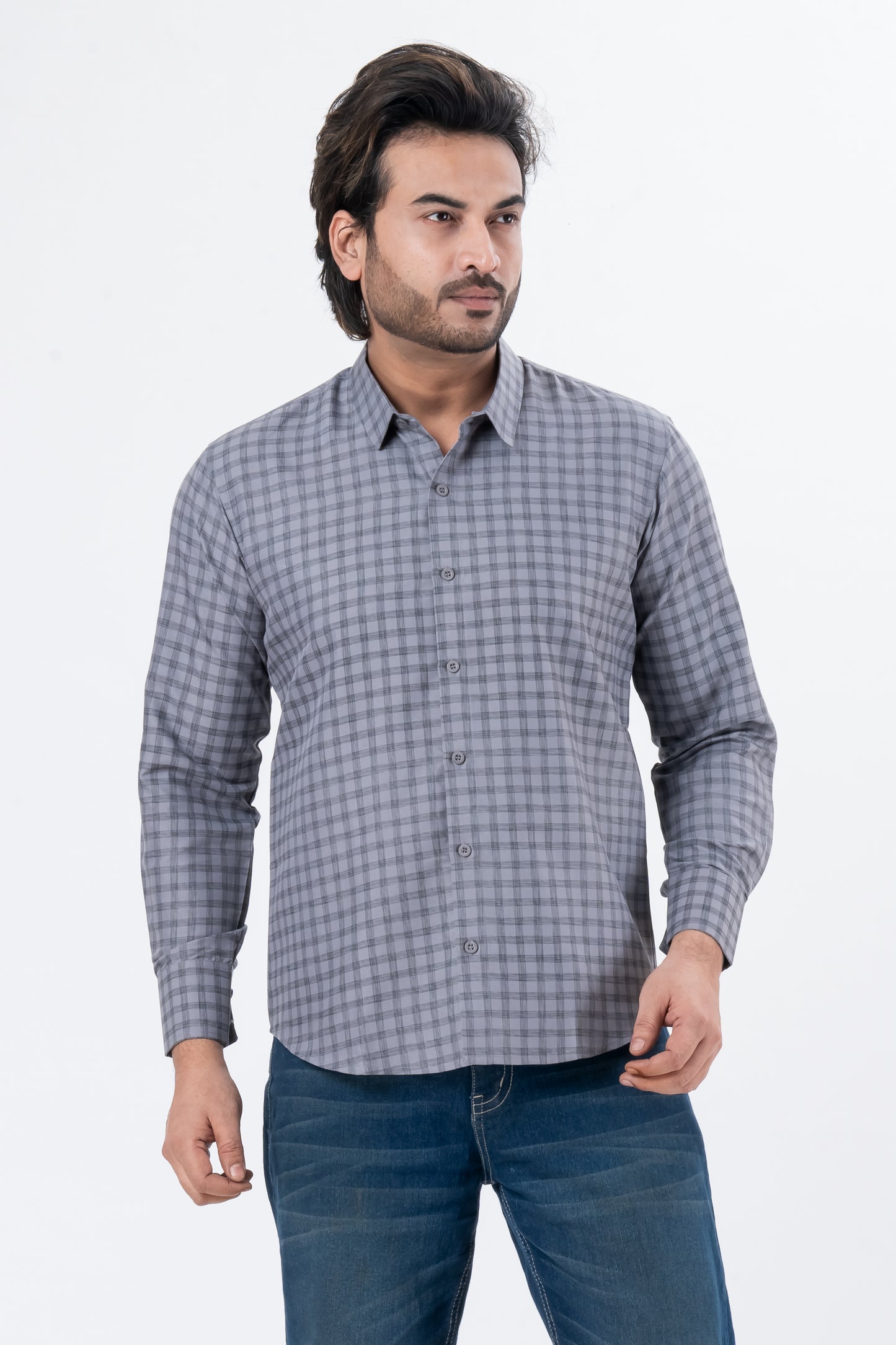 Men's Charcoal Checked Full Sleeve Casual Shirt | Regular Fit Cotton Blend | ZEVRARIQ