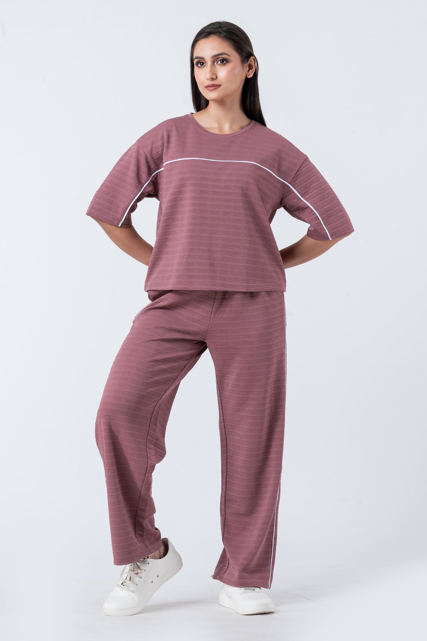 Zavrariq Women's Round Neck Oversized Crop Top & Wide Leg Pants Co-ord Set | Casual Lounge Wear