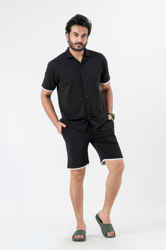 Zavrariq Men's Black Polyester Shirt & Shorts Co-ord Set White Piping | Casual Summer Wear
