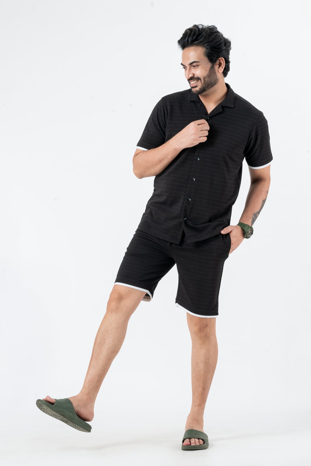 Zavrariq Men's Black Polyester Shirt & Shorts Co-ord Set White Piping | Casual Summer Wear