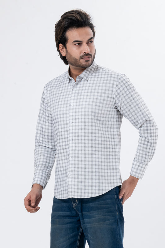 Men's White Checked Full Sleeve Casual Shirt | Regular Fit Cotton Blend | ZEVRARIQ