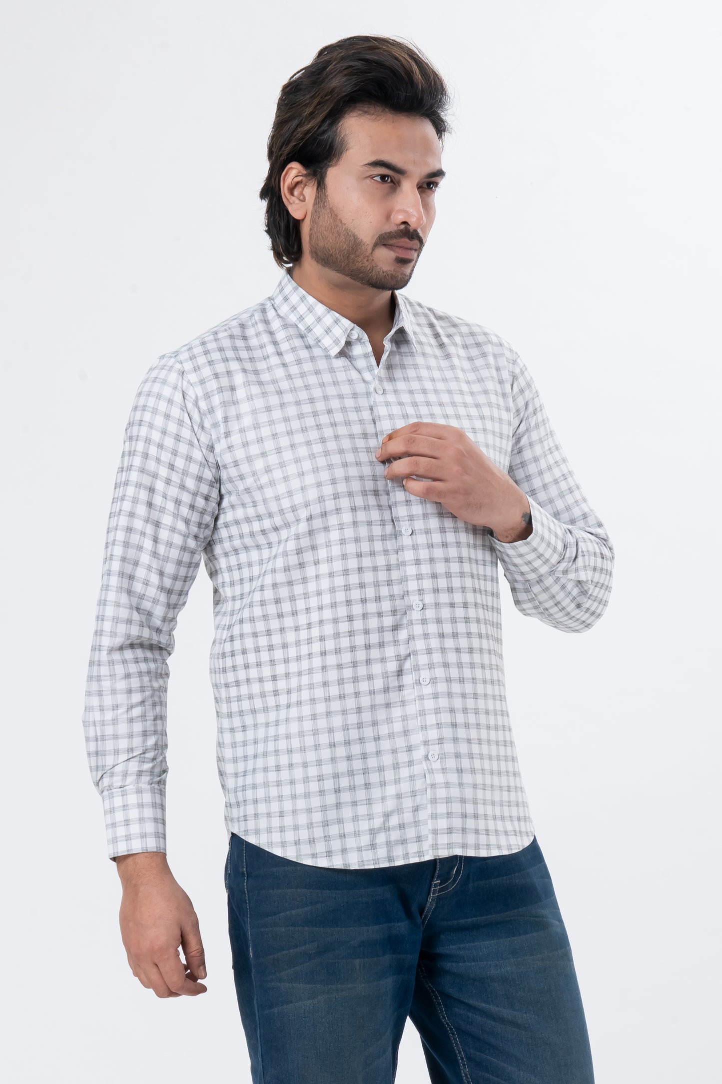 Men's White Checked Full Sleeve Casual Shirt | Regular Fit Cotton Blend | ZEVRARIQ