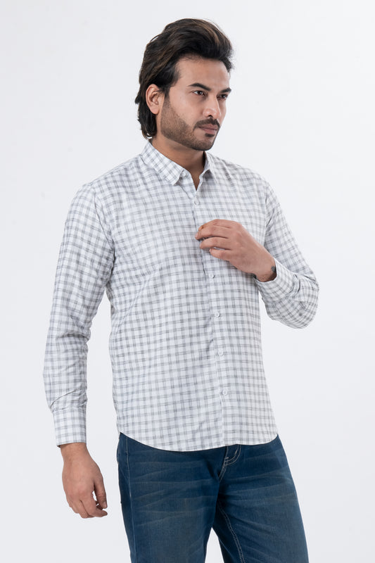 Men's White Checked Full Sleeve Casual Shirt | Regular Fit Cotton Blend | ZEVRARIQ
