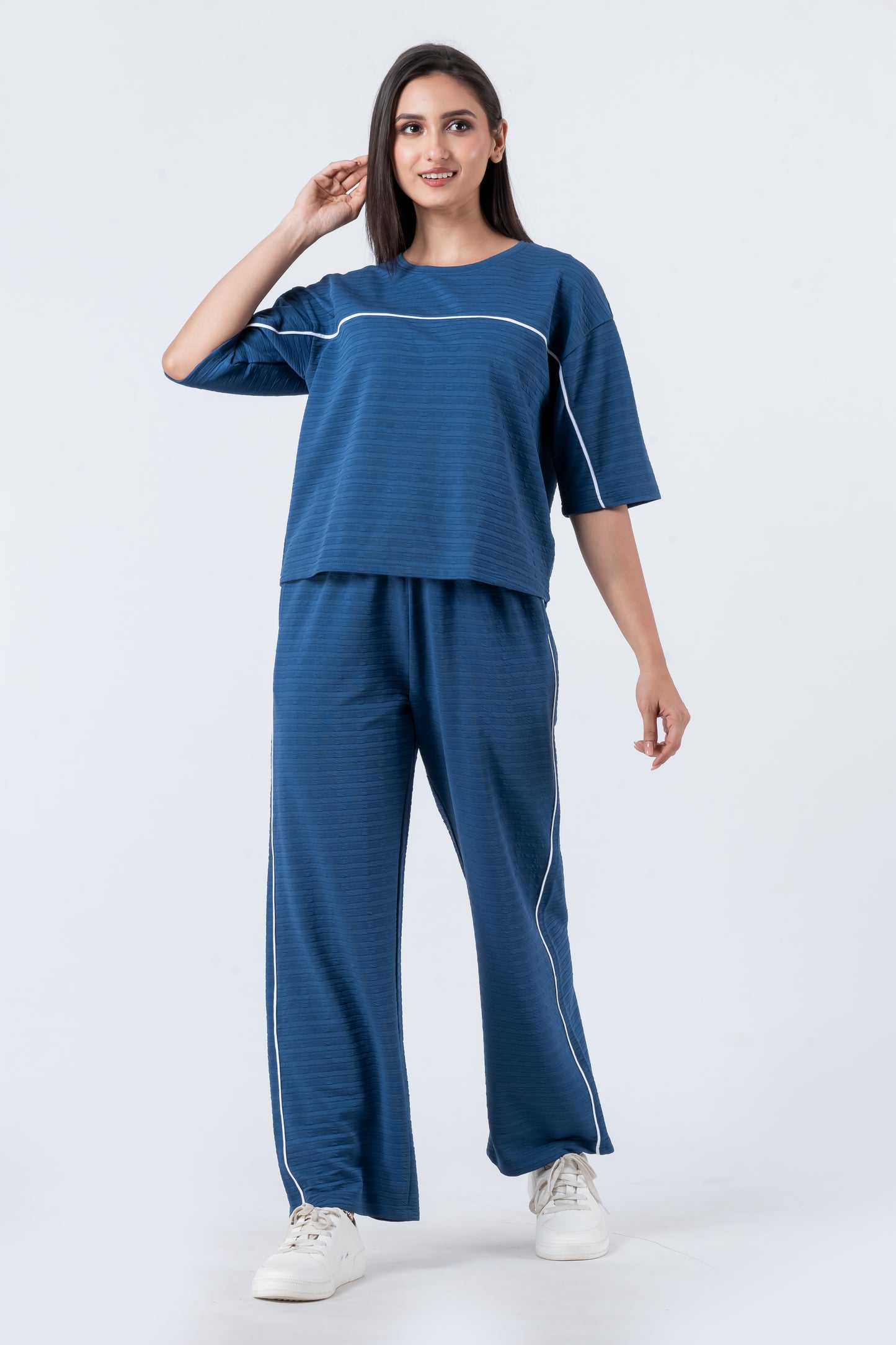 Zavrariq Women's Blue Round Neck Oversized Crop Top & Wide Leg Pants Co-ord Set
