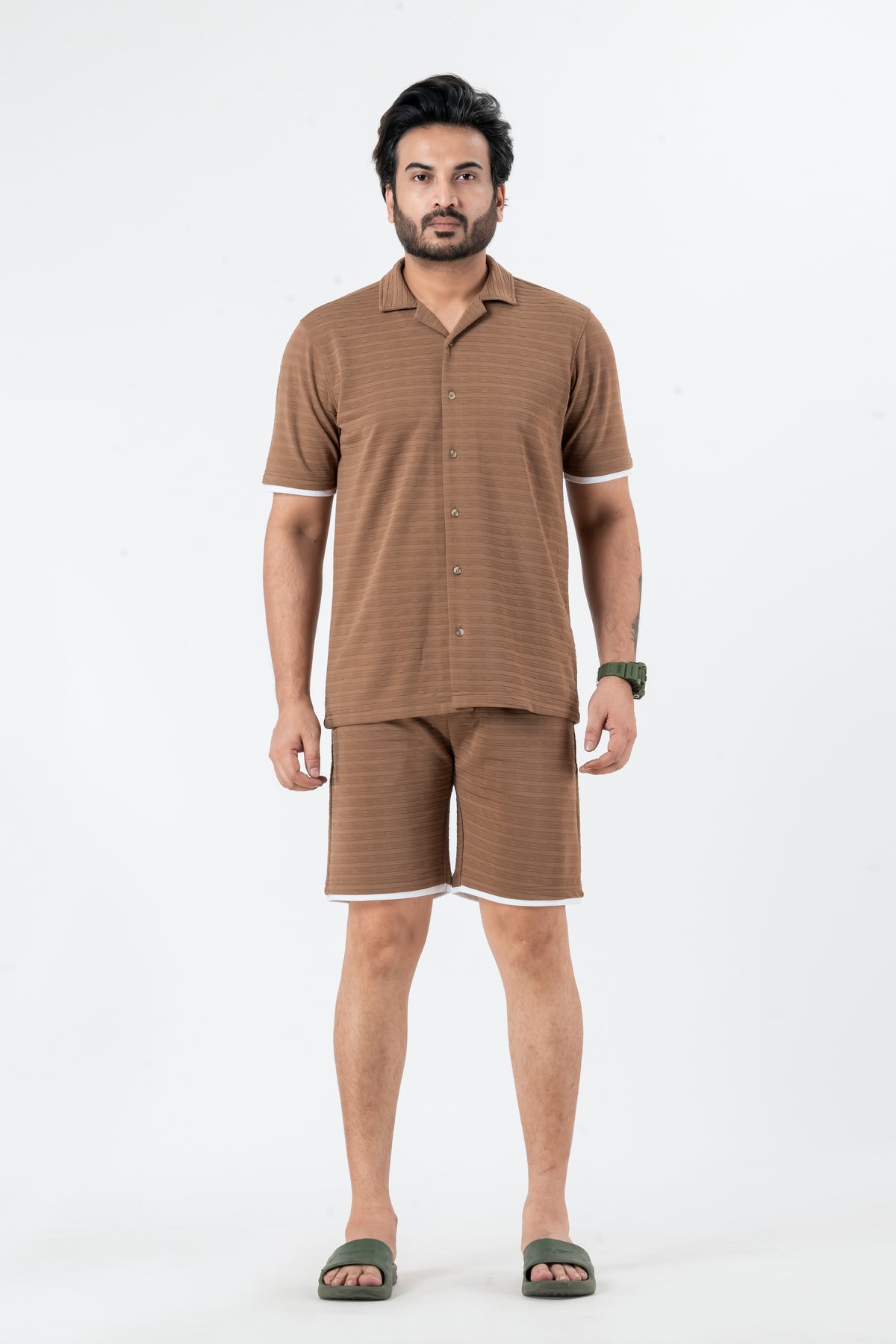 Zavrariq Men's Brown Half Sleeve Collar Shirt & Shorts Co-ord Set | Casual Summer Wear