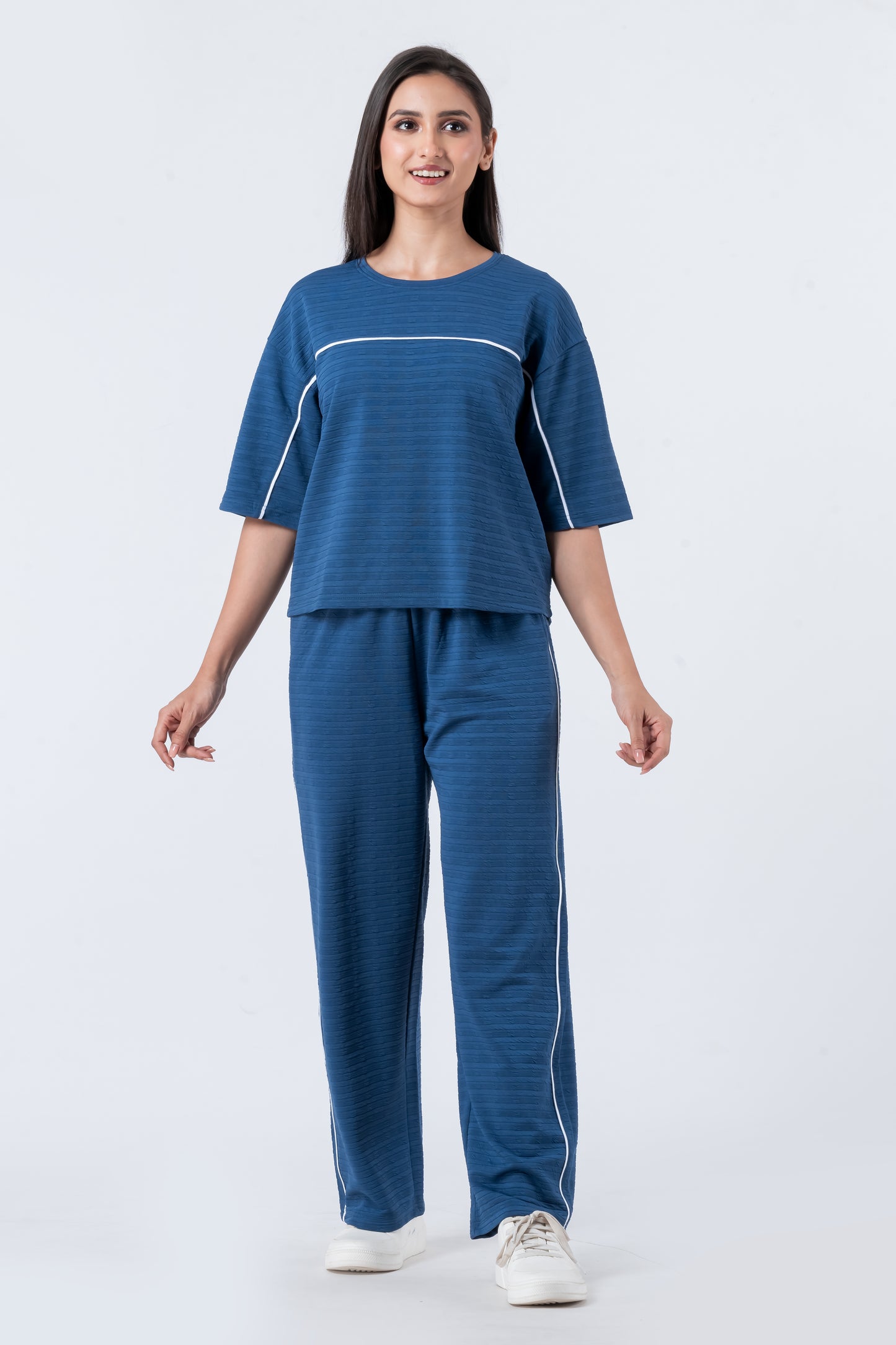Zavrariq Women's Blue Round Neck Oversized Crop Top & Wide Leg Pants Co-ord Set