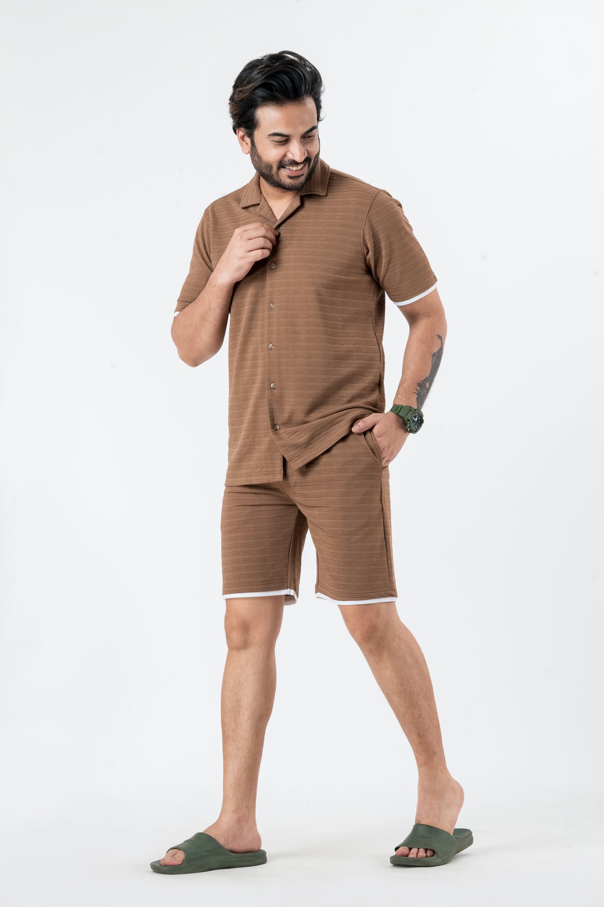 Zavrariq Men's Brown Half Sleeve Collar Shirt & Shorts Co-ord Set | Casual Summer Wear