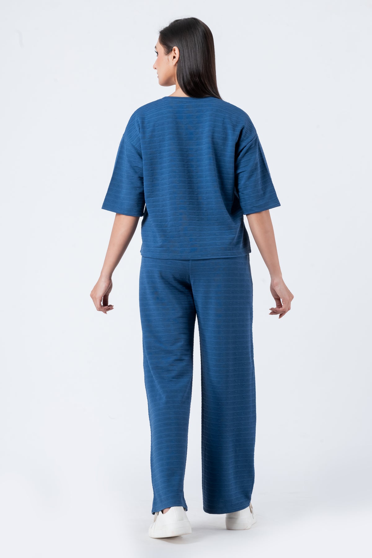 Zavrariq Women's Blue Round Neck Oversized Crop Top & Wide Leg Pants Co-ord Set