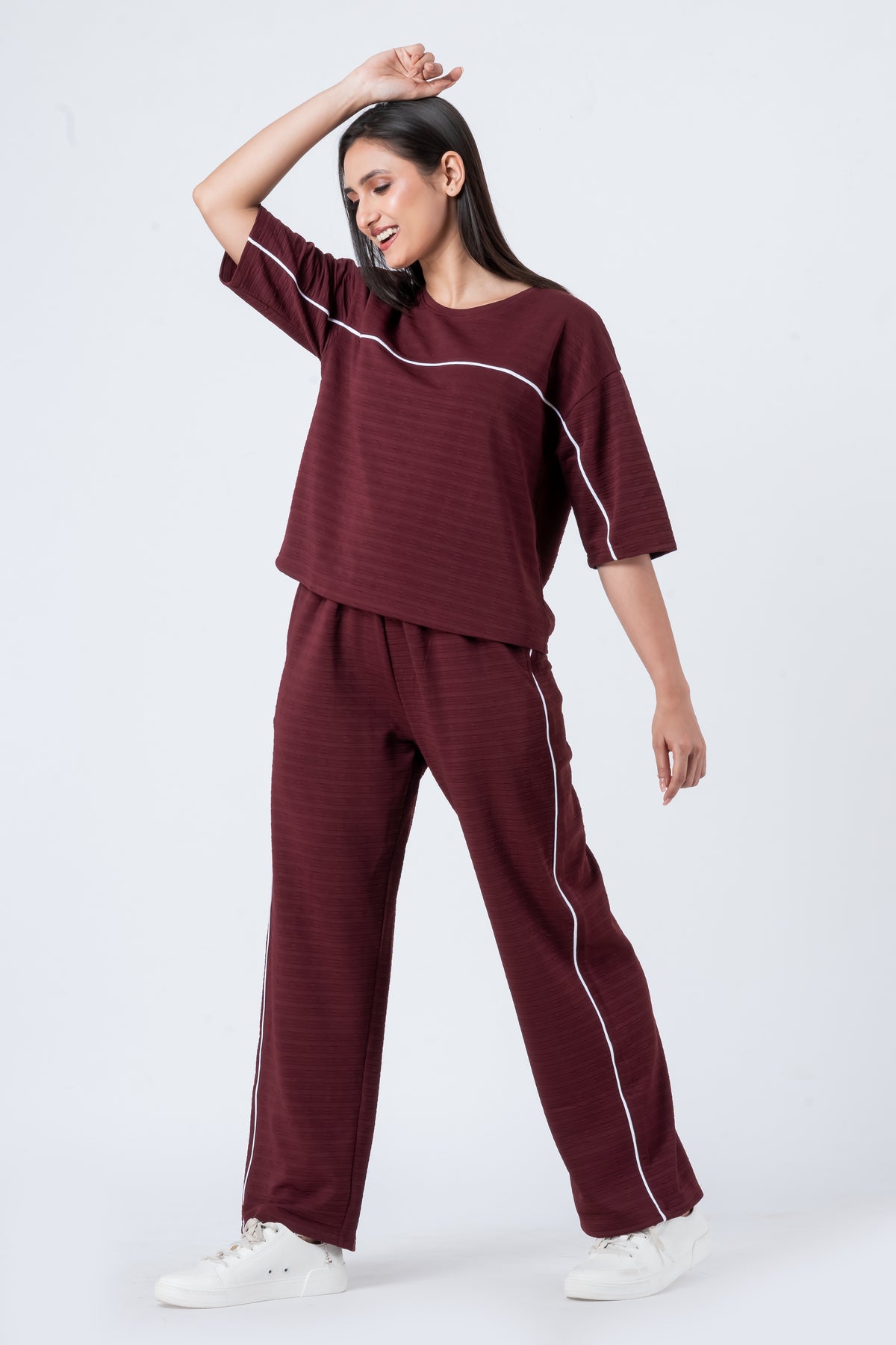 Zavrariq Women's Dark Maroon Round Neck Oversized Crop Top & Wide Leg Pants Co-ord Set