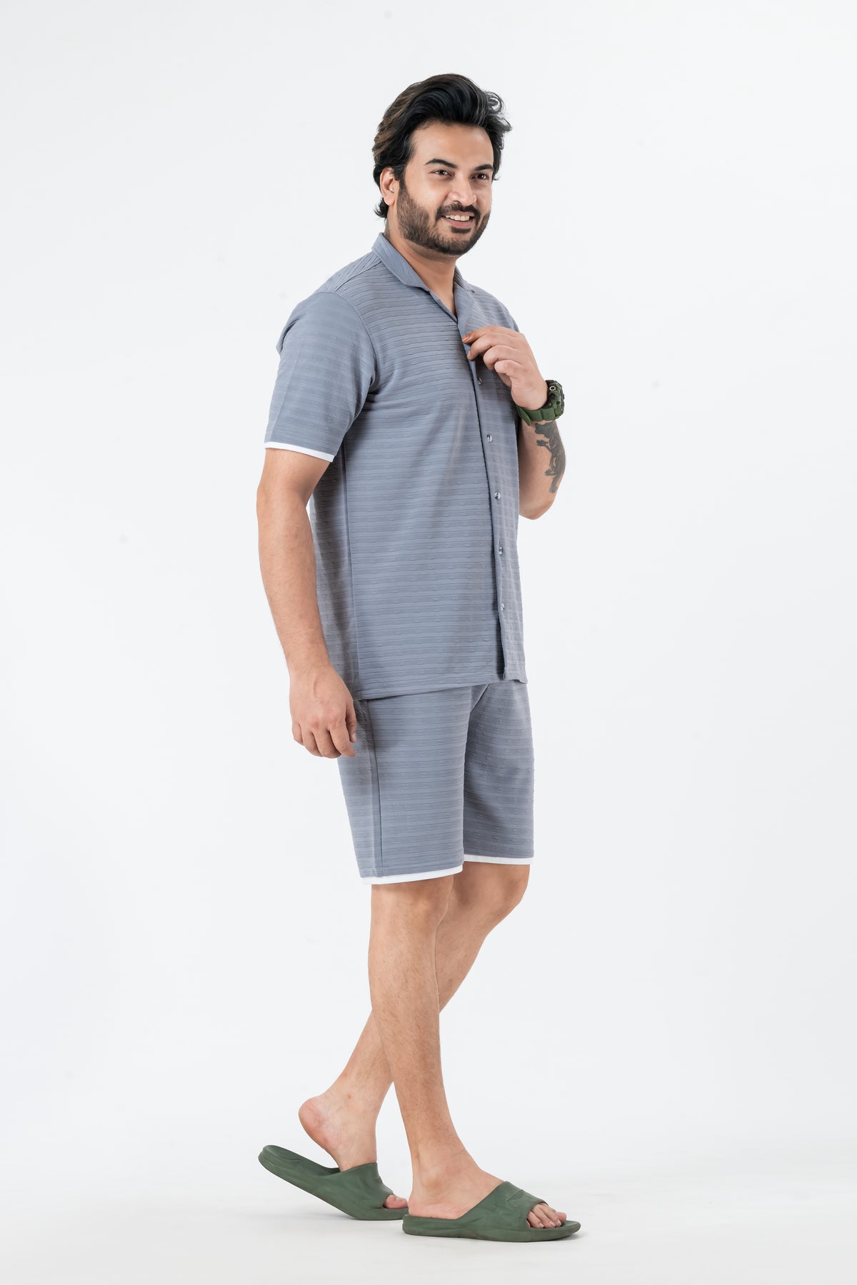 Zavrariq Men's Dgrey Regular Fit Collar Shirt & Shorts Co-ord Set White Piping | Half Sleeves Casual Wear