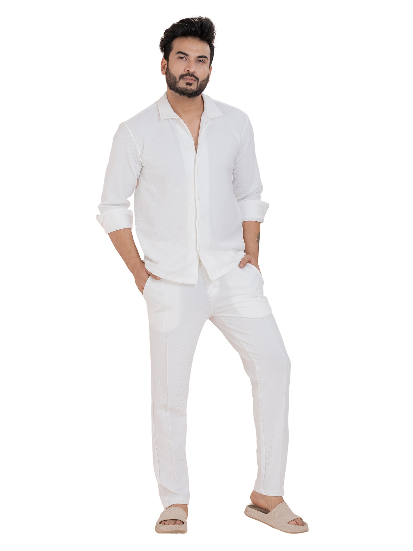 Zavrariq Men's Premium White Co-Ord Set – Full Sleeve Shirt & Jogger Pants