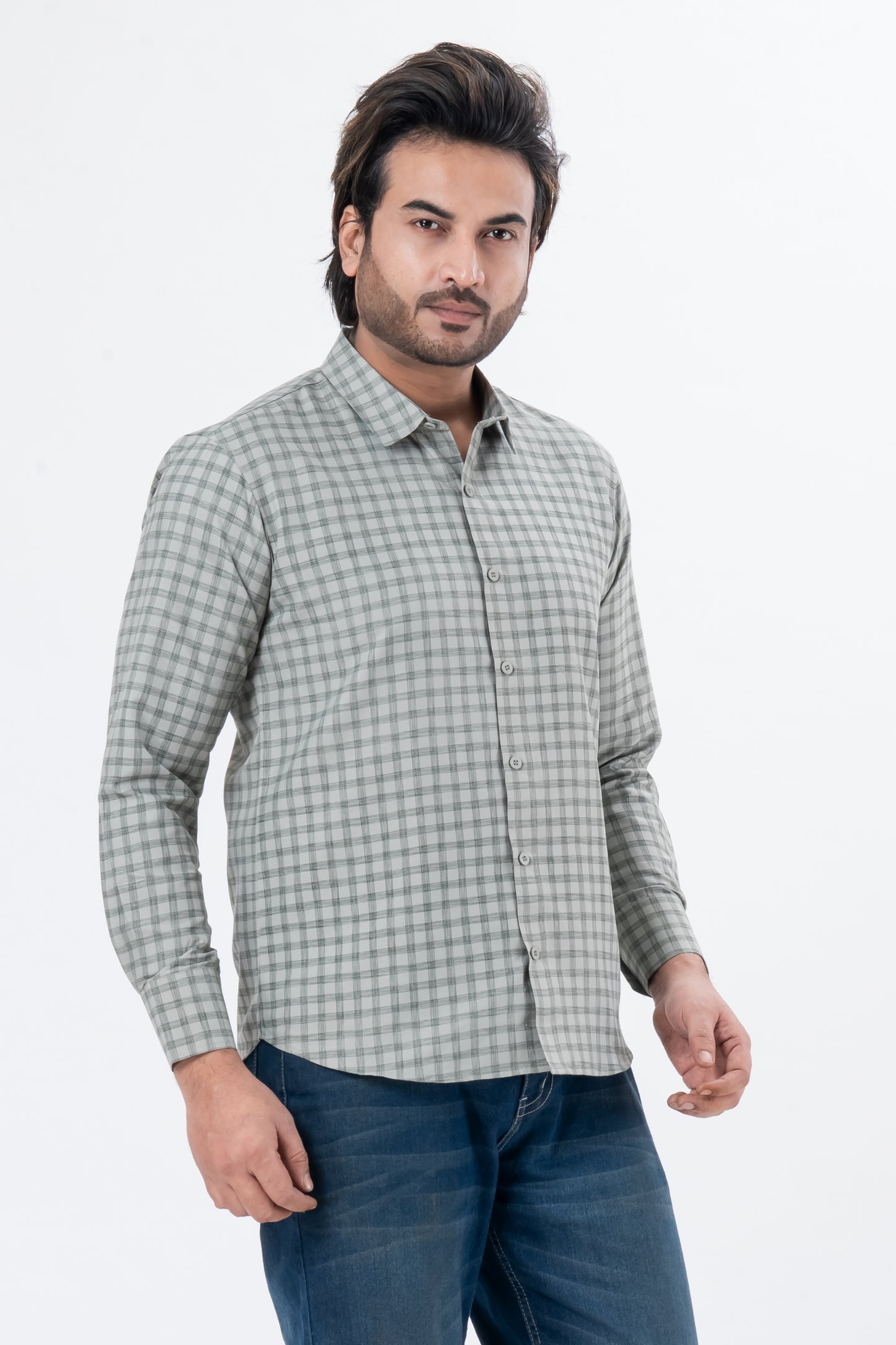 Men's Grey Checked Full Sleeve Casual Shirt | Regular Fit Cotton Blend | ZEVRARIQ