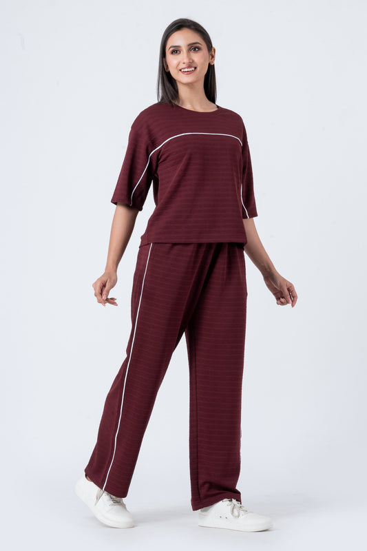 Zavrariq Women's Dark Maroon Round Neck Oversized Crop Top & Wide Leg Pants Co-ord Set