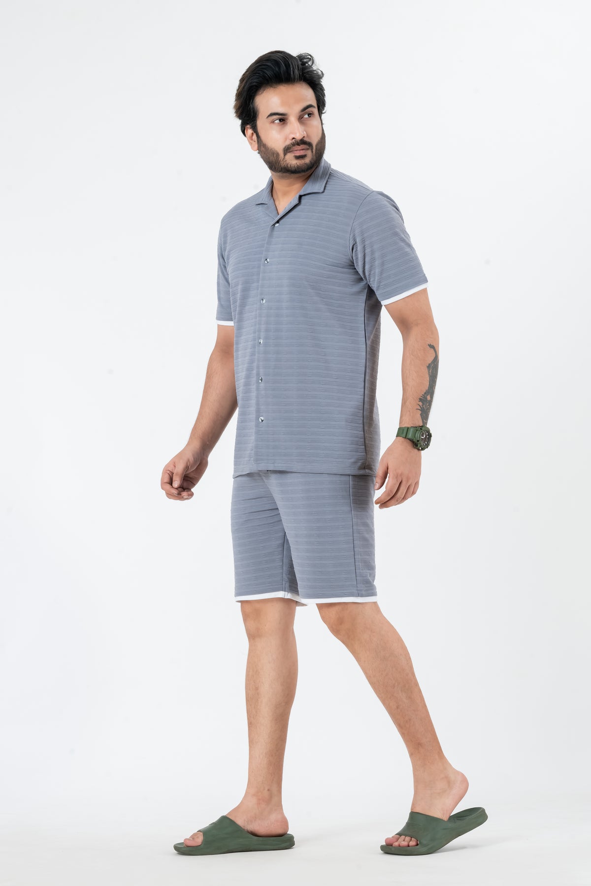 Zavrariq Men's Dgrey Regular Fit Collar Shirt & Shorts Co-ord Set White Piping | Half Sleeves Casual Wear