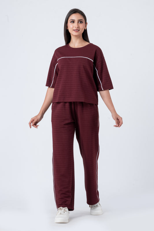 Zavrariq Women's Dark Maroon Round Neck Oversized Crop Top & Wide Leg Pants Co-ord Set