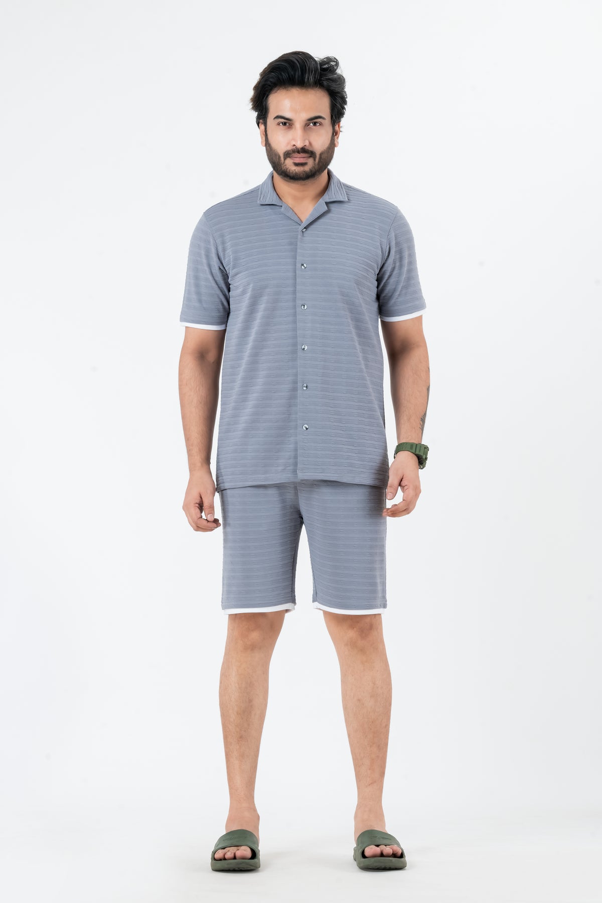 Zavrariq Men's Dgrey Regular Fit Collar Shirt & Shorts Co-ord Set White Piping | Half Sleeves Casual Wear