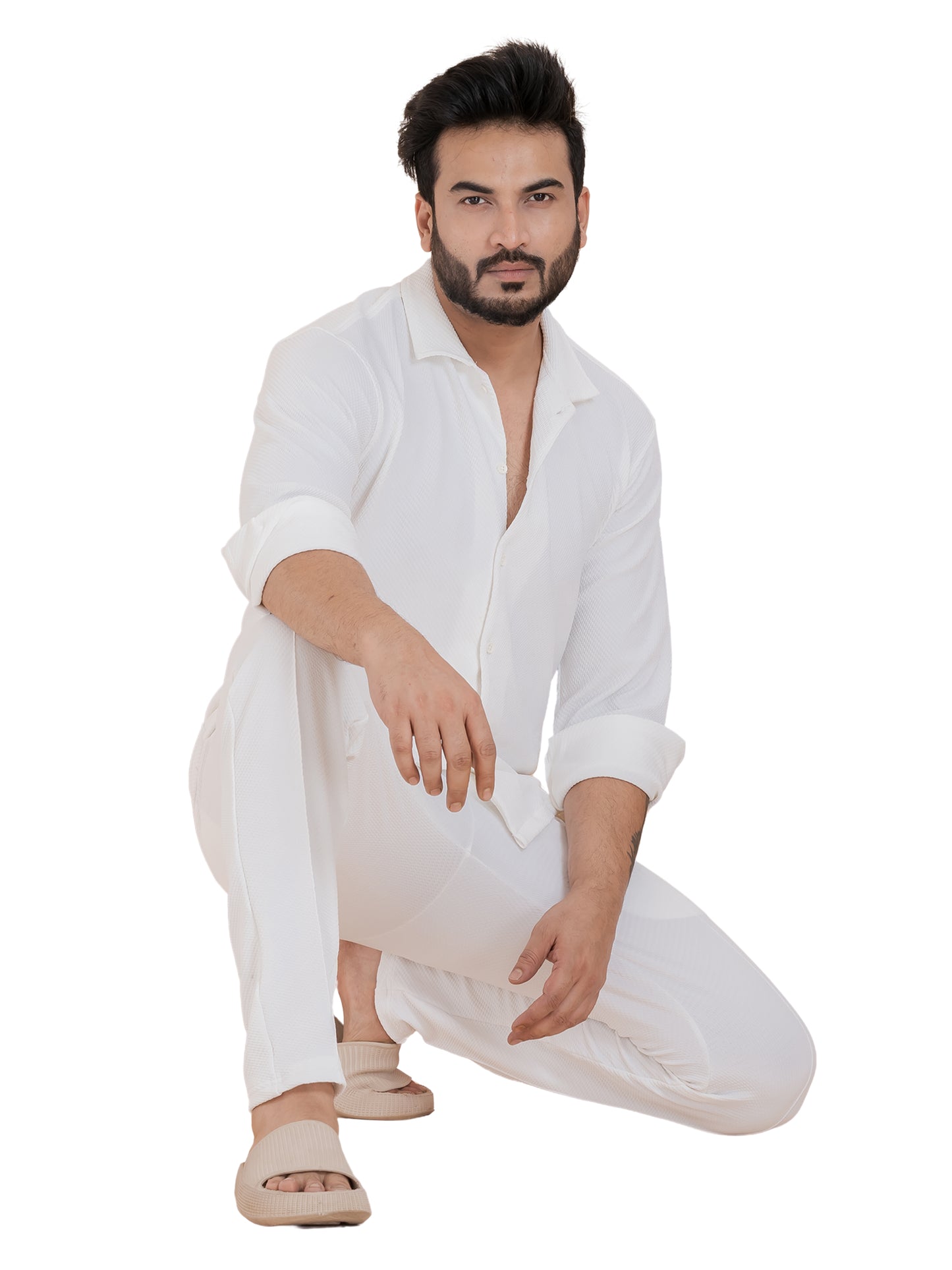 Zavrariq Men's Premium White Co-Ord Set – Full Sleeve Shirt & Jogger Pants