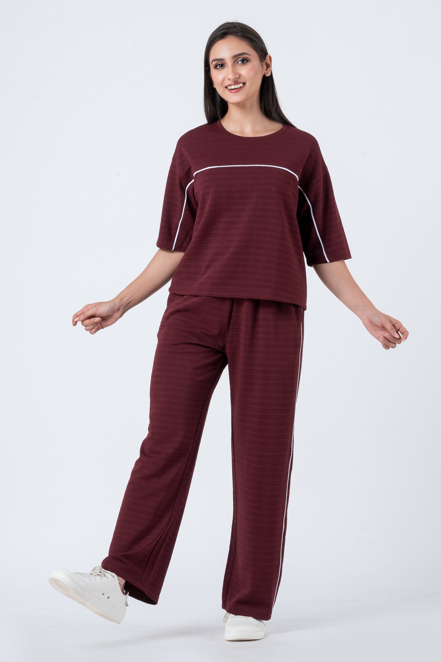 Zavrariq Women's Dark Maroon Round Neck Oversized Crop Top & Wide Leg Pants Co-ord Set