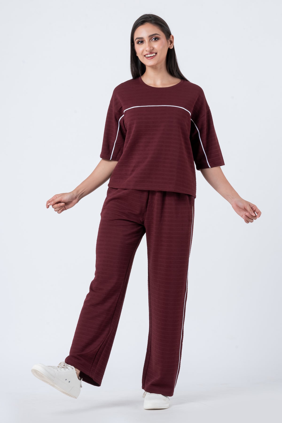 Zavrariq Women's Dark Maroon Round Neck Oversized Crop Top & Wide Leg Pants Co-ord Set