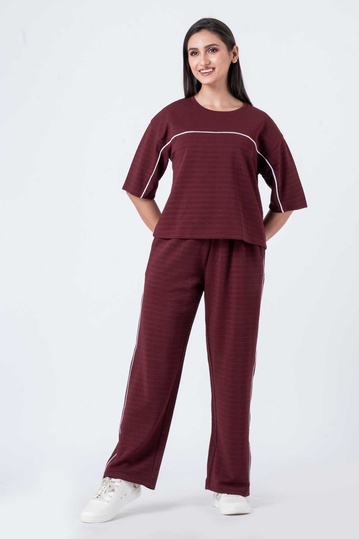 Zavrariq Women's Dark Maroon Round Neck Oversized Crop Top & Wide Leg Pants Co-ord Set