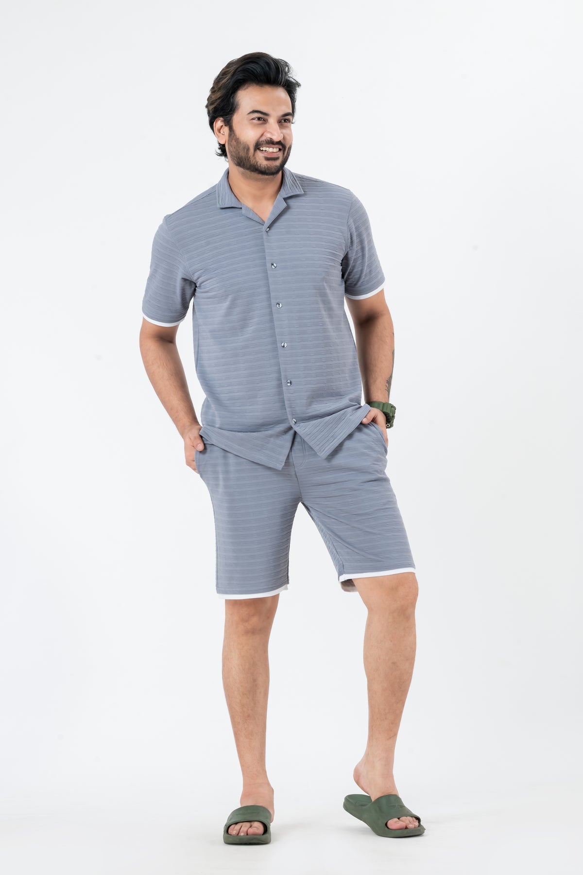 Zavrariq Men's Dgrey Regular Fit Collar Shirt & Shorts Co-ord Set White Piping | Half Sleeves Casual Wear