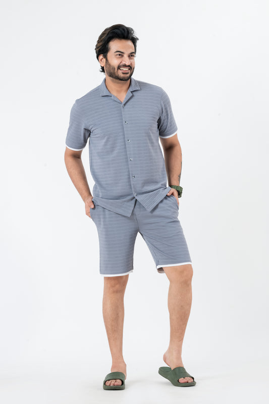 Zavrariq Men's Dgrey Regular Fit Collar Shirt & Shorts Co-ord Set White Piping | Half Sleeves Casual Wear