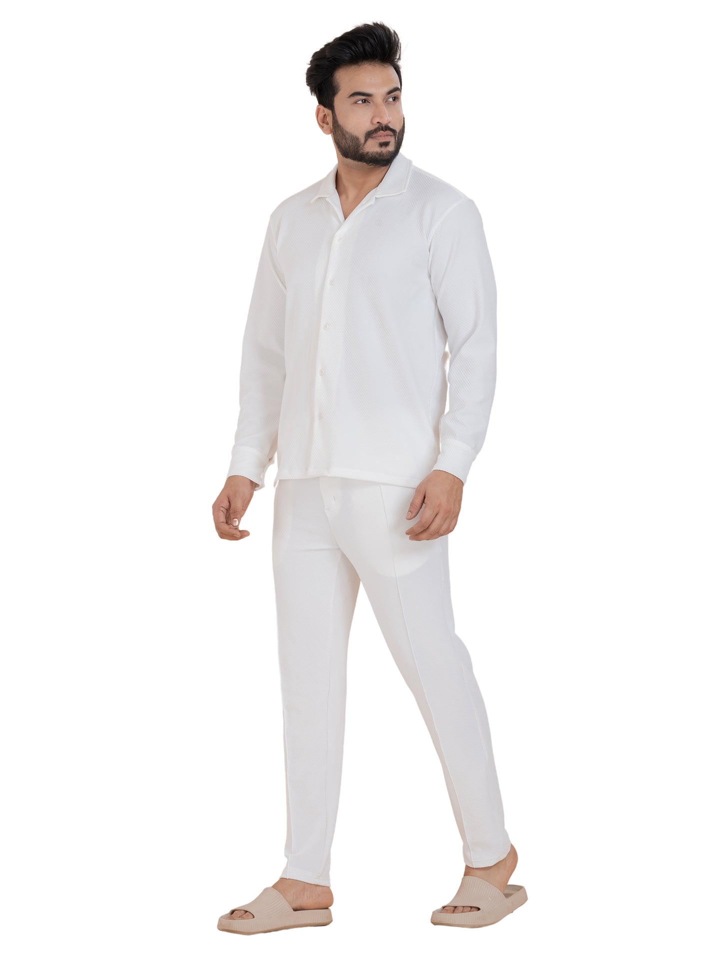 Zavrariq Men's Premium White Co-Ord Set – Full Sleeve Shirt & Jogger Pants