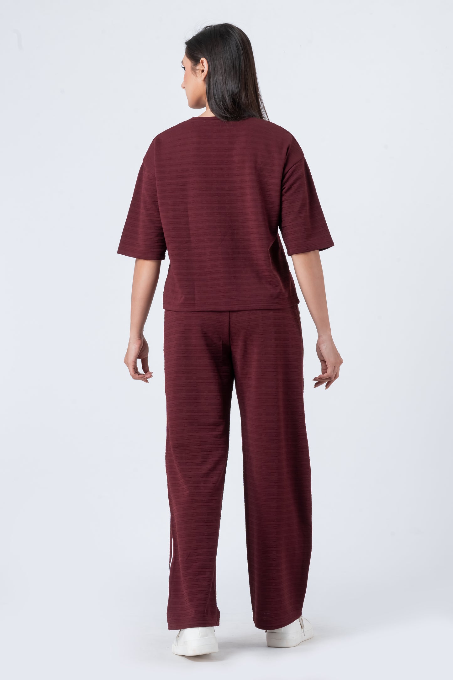 Zavrariq Women's Dark Maroon Round Neck Oversized Crop Top & Wide Leg Pants Co-ord Set
