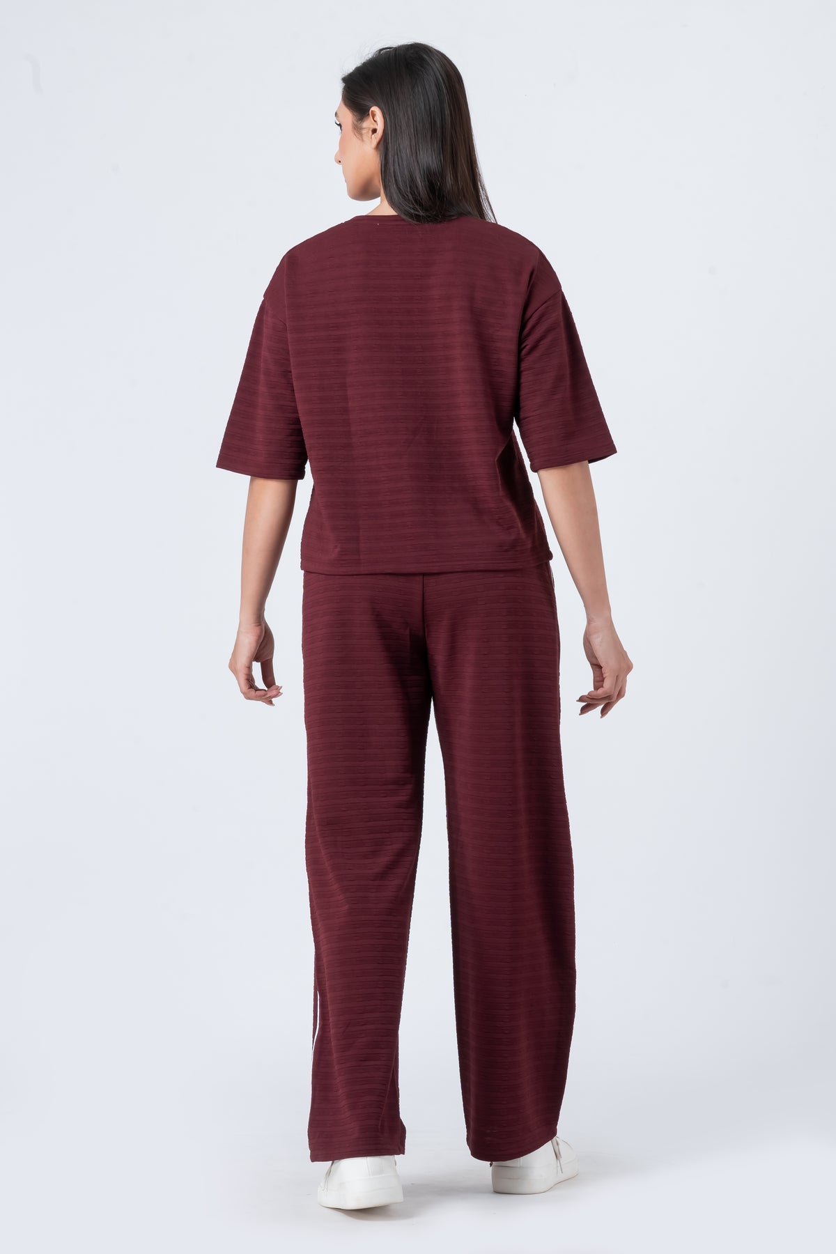 Zavrariq Women's Dark Maroon Round Neck Oversized Crop Top & Wide Leg Pants Co-ord Set