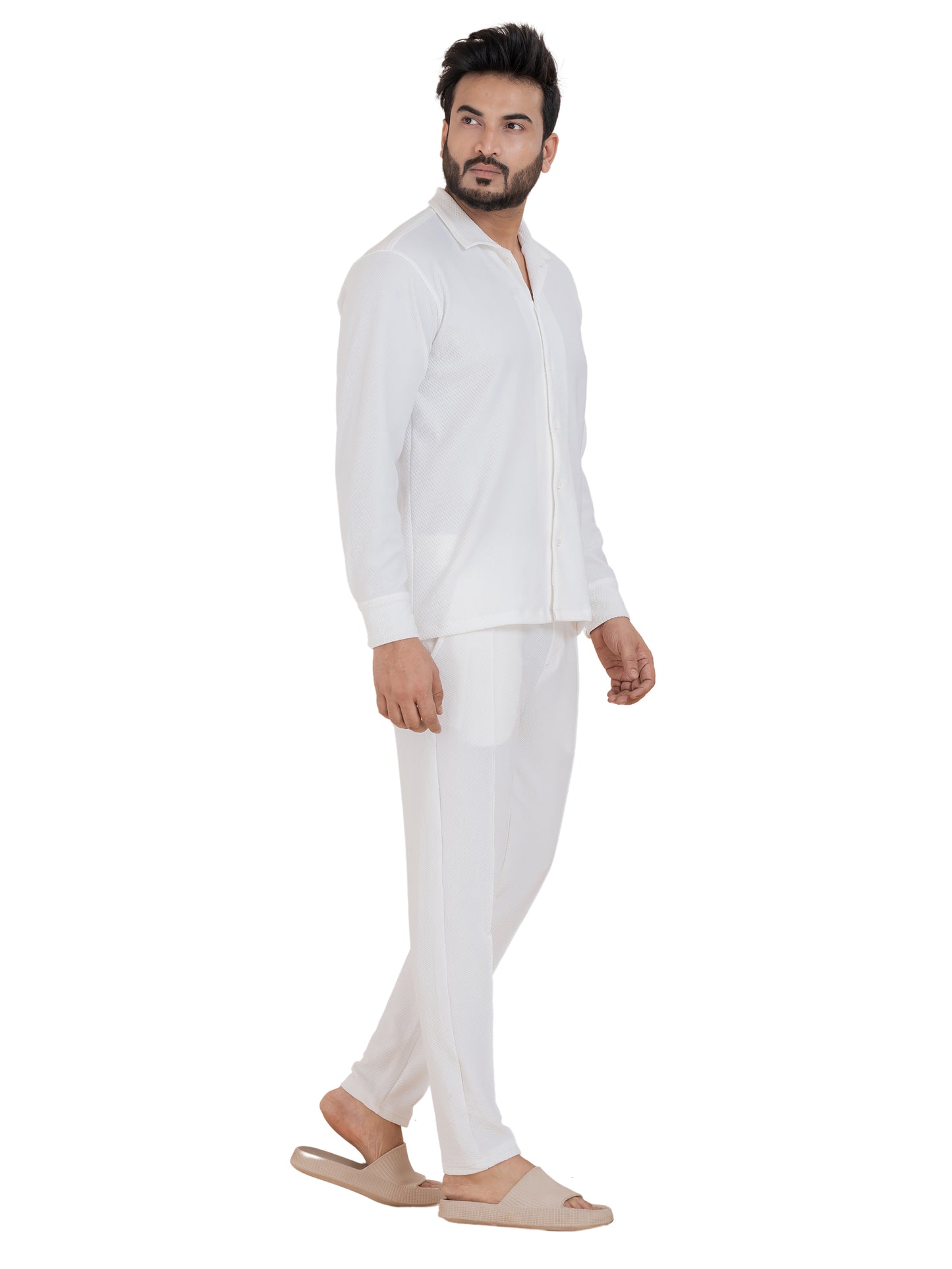 Zavrariq Men's Premium White Co-Ord Set – Full Sleeve Shirt & Jogger Pants